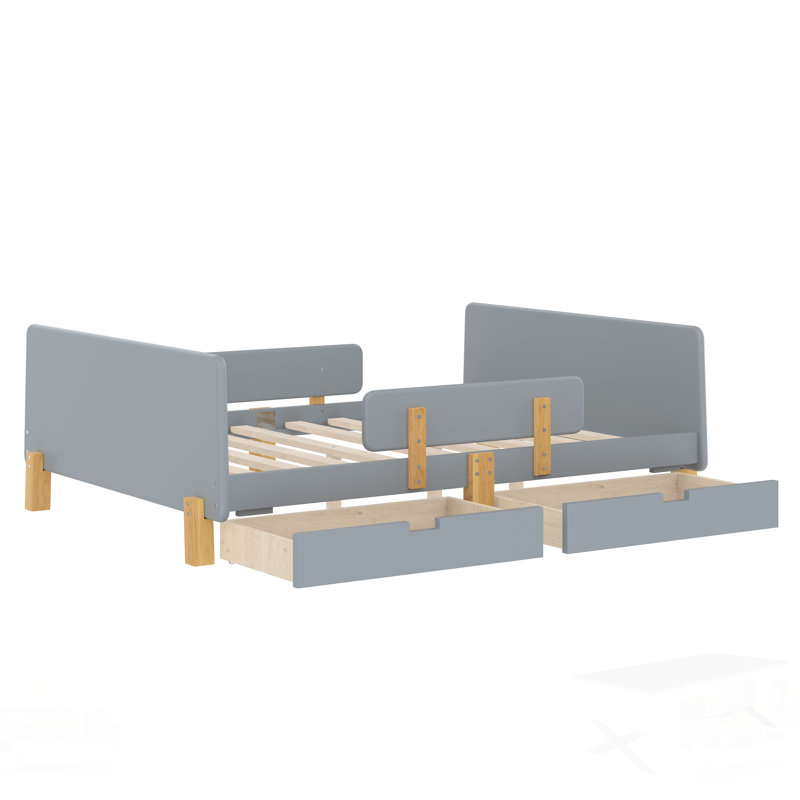 Lit plateforme avec tiroirs de rangement, structure en bois massif, garde-corps, petite tablette et crochets, aucun sommier nécessaire