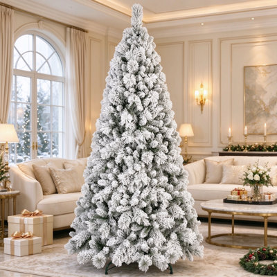 Sapin de Noël floqué de 2,74 m (9 pi) - 1964 branches enneigées en PVC rigide, structure articulée, montage facile, support métallique stable, sapin réaliste pour l'intérieur.