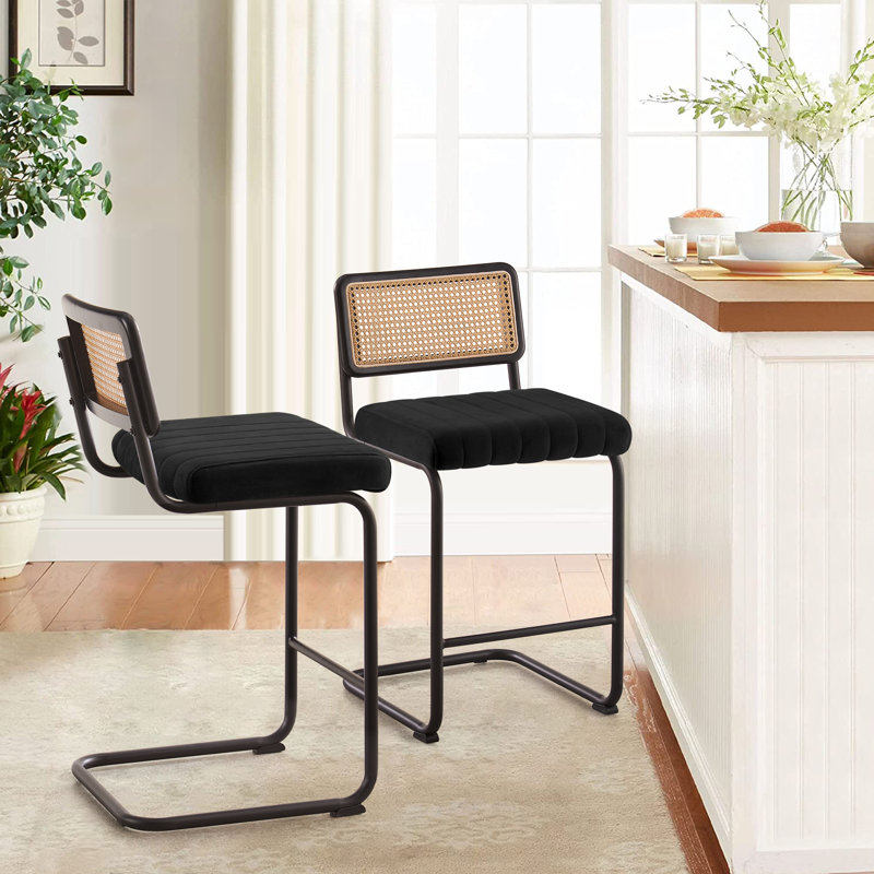Krystalin Velvet Upholstered Cane Back Stool, Black, Black, Counter Stool (26” Seat Height)