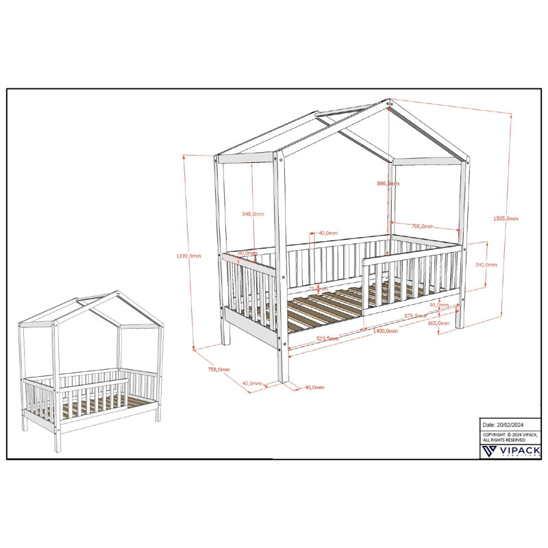 Junior Kids Bed, 70 x 140cm, Brown