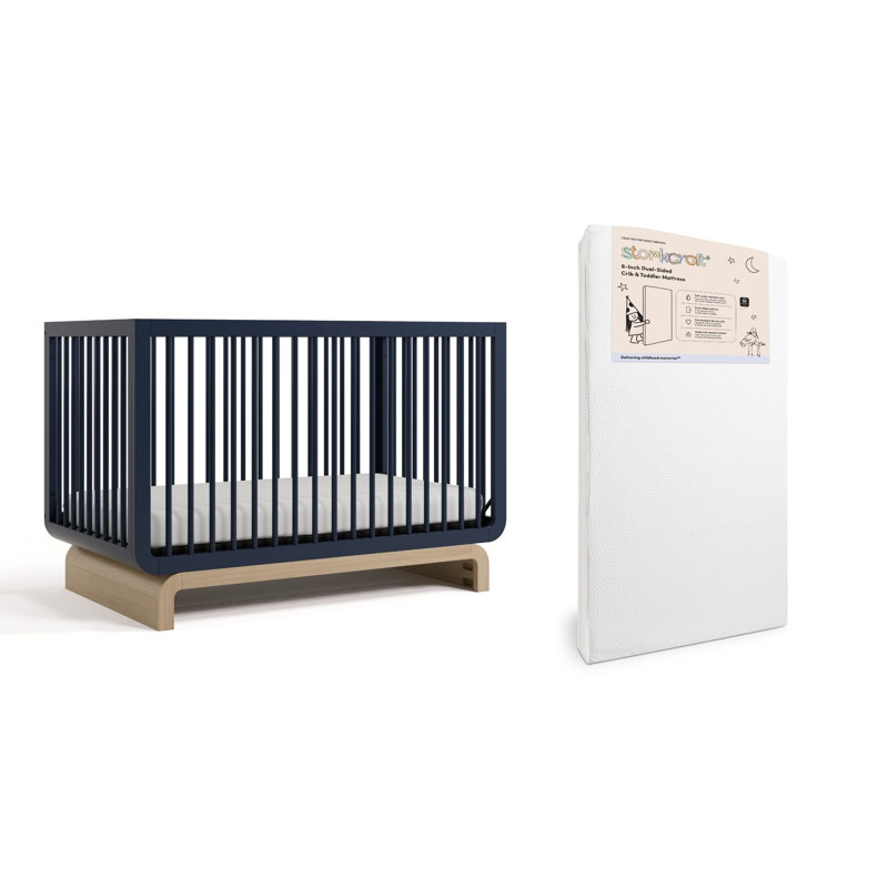 Santorini 5-In-1 Convertible Crib, Midnight Blue/Driftwood, Crib + Mattress