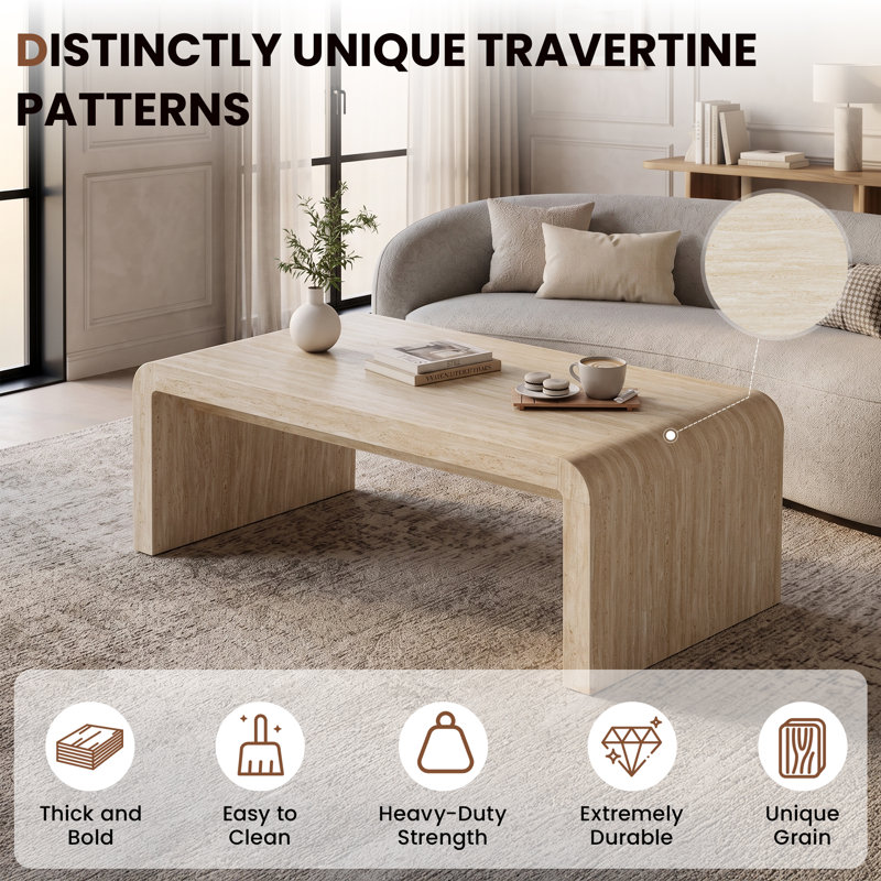 Table basse effet pierre à effet de cascade de 47,3 po avec finition Travallie et bords incurvés, Beige