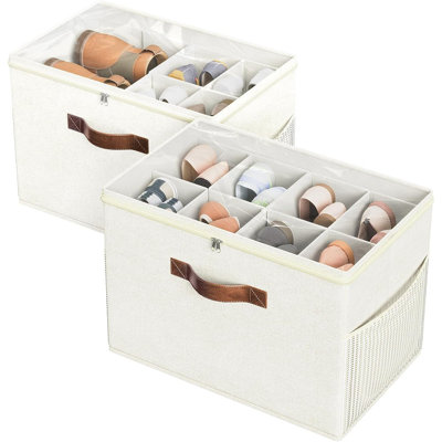 Ensemble de 2 bacs à chaussures pliables transparents - Beige - Bacs de rangement pour placard avec séparateurs réglables et poignées renforcées, pouvant contenir jusqu'à 16 paires