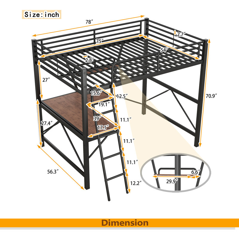 Lit mezzanine double en métal et panneau de fibres à densité moyenne avec bureau et tablette, Noir, noir, noir, noir