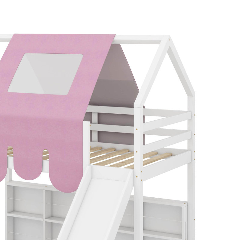 Twin House-Shaped Loft Bed With A Tent, White/Pink