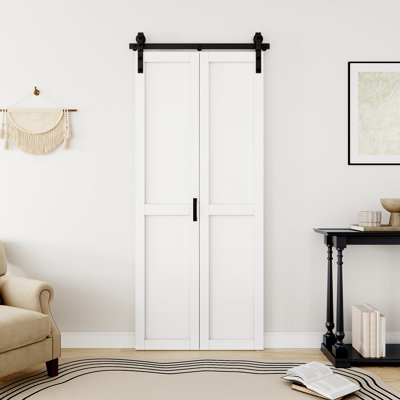 84" Height Bi-Fold Barn Door Assembled White Primed Solid Core with Mid Bar Brace Closet Pantry Doors with Hardware Kit (Fitting Under 40-inch Width Opening)