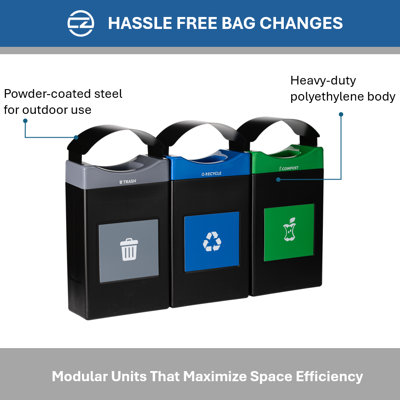 Commercial Zone Avante 3-Stream Trash, Recycling and Compost Center, 3-30-Gallon Shallow Units, w/Canopy Lids, Liners Included