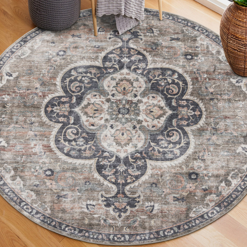 Lefkothea Joy Vintage Machine Washable Area Rug, Round 4', Brown Beige