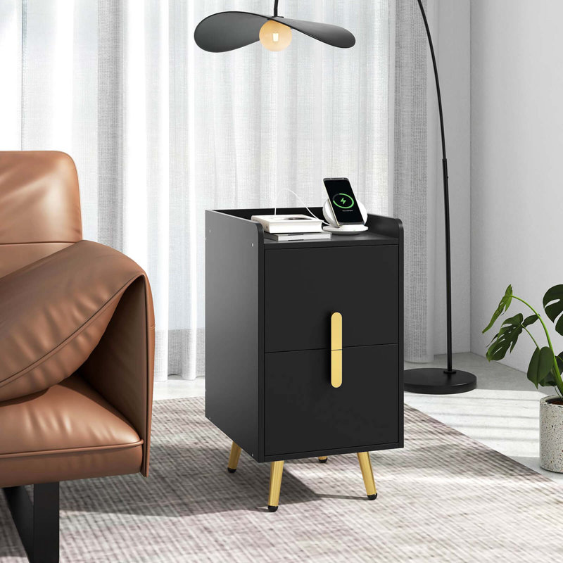 Table de chevet avec station de charge, tables de chevet avec 2 tiroirs, noir