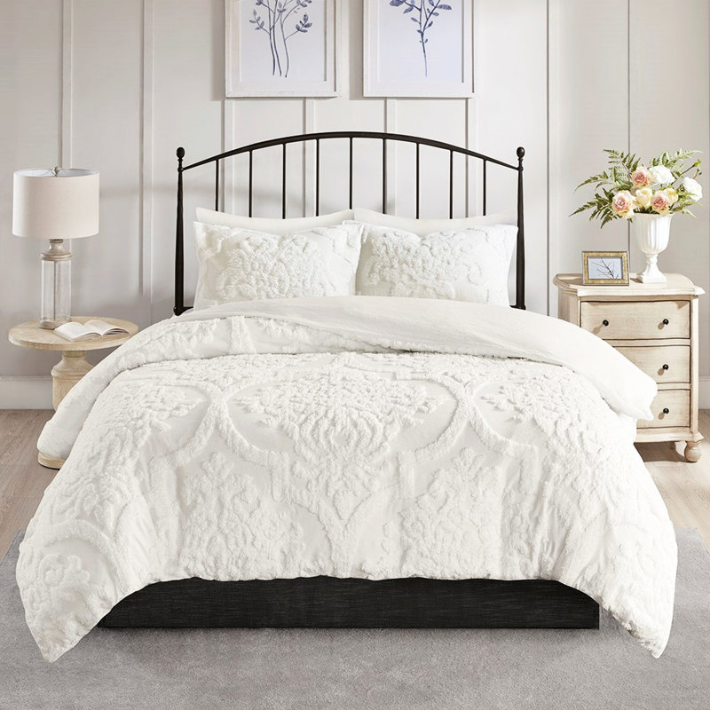 Literie en chenille de coton très grand / très grand, 3 pièces, blanc, 2 taies décoratives, fermeture à boutons, attaches de coin, lavable à la machine, housse de couette blanche de style Tranquille, très attrayant