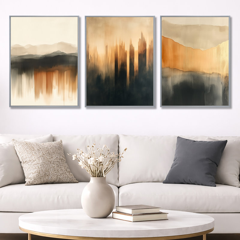 «Beige Soft Modern Shapes», ensemble d'art mural abstrait sur toile, ensemble de 3, 32" H x 72" W, Silver Floater Framed