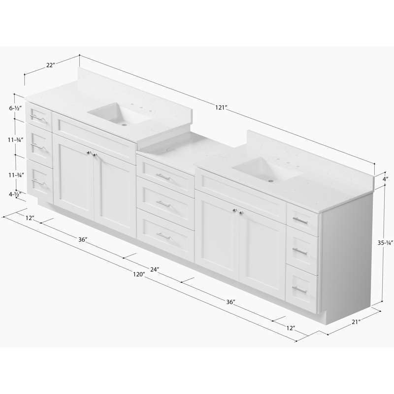 Meuble-lavabo double 120 po Shaker, 121", Blanc