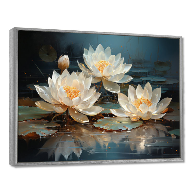 Fleurs de lotus baignées au clair de lune - Art sur toile de lotus, H 12 po x l 20 po x P 1 po, Encadrement argenté