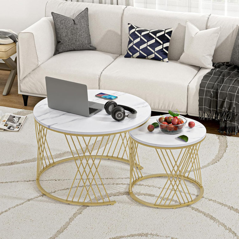 Round Coffee Table Set Of 2, Modern Coffee Tables For Living Room, Faux Marble Centre Table, Nesting Coffee Table Simple Nightstand