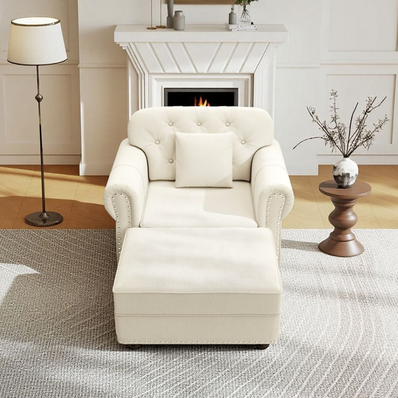 53.5"Upholstered Chesterfield Velvet Sofa With Ottoman, Beige