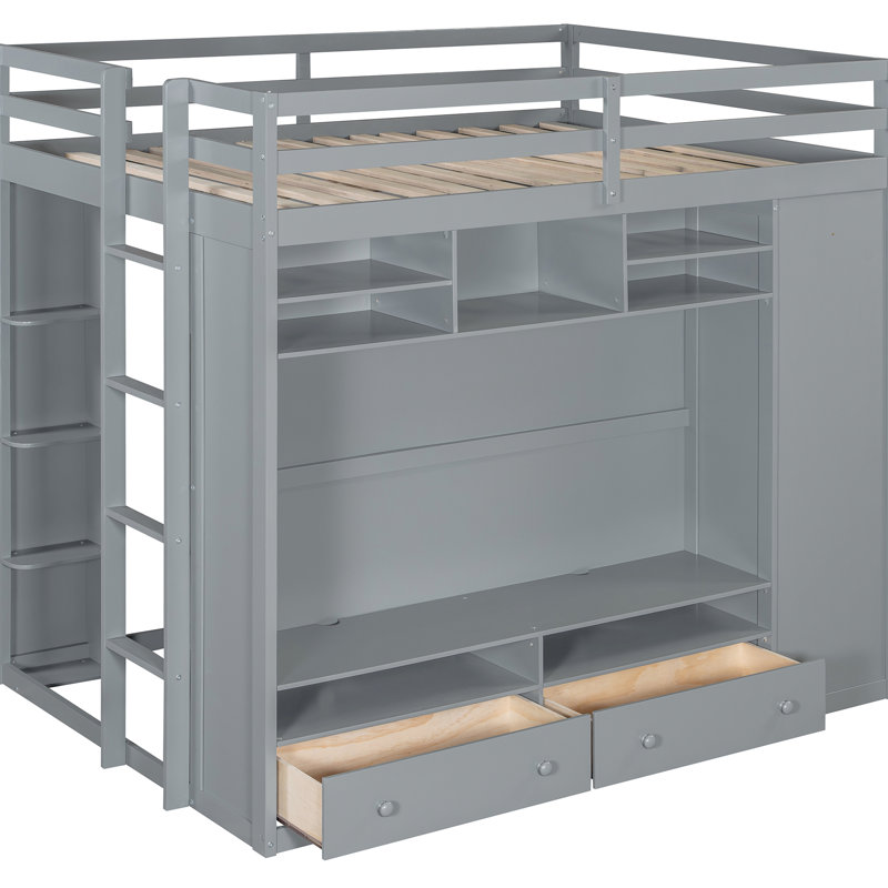 Gray Full Size Loft Bed With Smart Drawers, Shelves, Wardrobe And Customizable Led Lights For Adults' Bedrooms Drawers Hidden Compartment, Remote - Control Bedroom Style