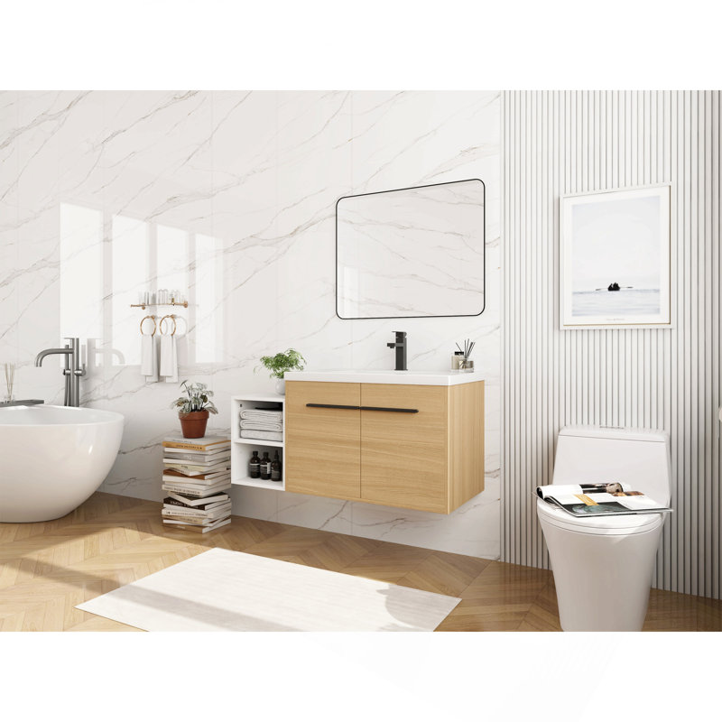 Meuble-lavabo mural 42 po avec lavabo à poser en résine, 1 tablette de rangement, 2 portes à fermeture douce, Chêne
