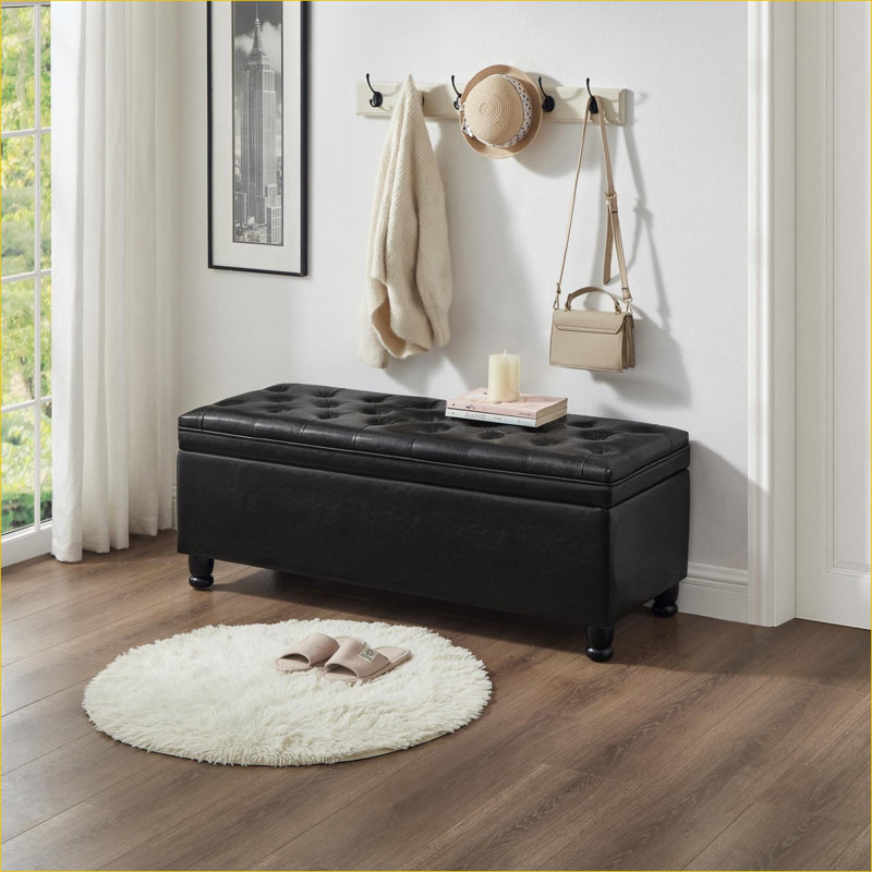 Banc de rangement capitonné FlowLuxe à boutons capitonnés, banc d'entrée en similicuir onyx avec pieds en bois fuselés, banc de chambre à coucher