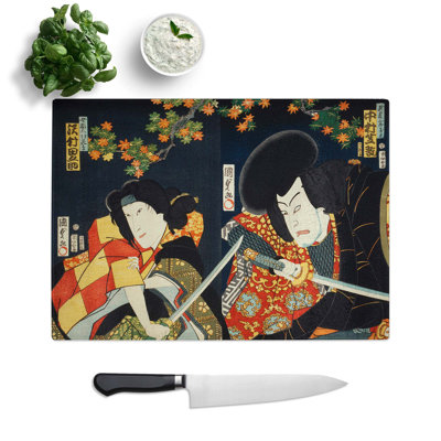 Tempered Glass Two Actors With Samurai Swords by Toyohara Kunichika Chopping Board