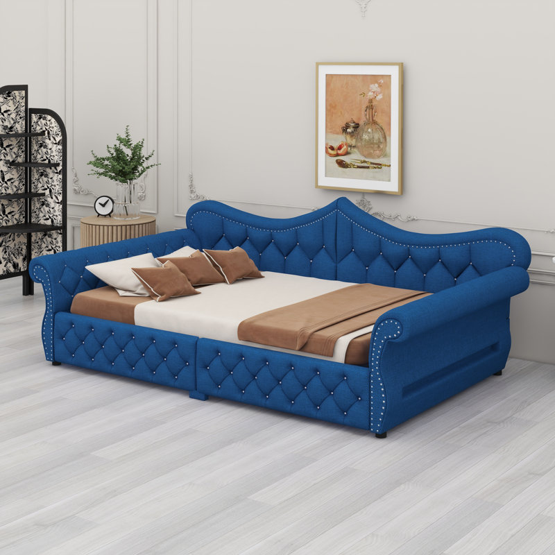 Stylish Daybed with Built-in LED Lights and Nailhead Detailing, Blue