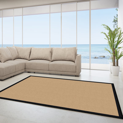 Nannette Handmade Medium Beige Berber with Black Faux Leather Border Made in the USA Area Rug