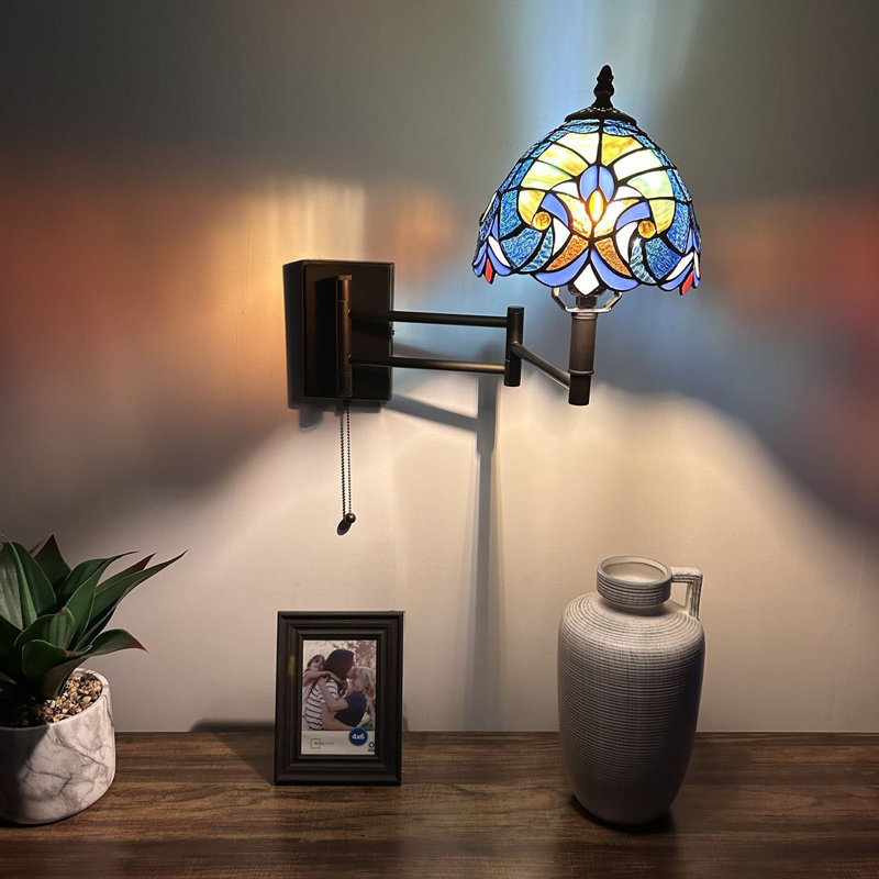 Tiffany Sconce Lamp Swing Arm Stained Glass Pull Chain Switch LED Bulb 13”W*8”D*15”H, Blue/Yellow