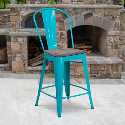Marian Metal Bar or Counter Height Stool with Back and Wood Seat by Williston Forge