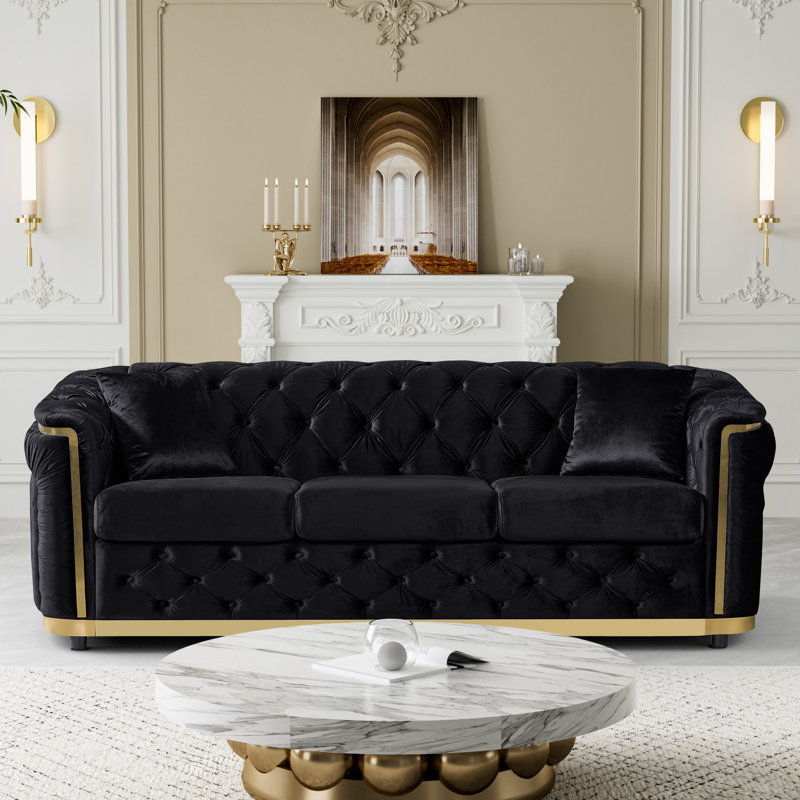  Canapé 85 po en velours Chesterfield, Noir / or