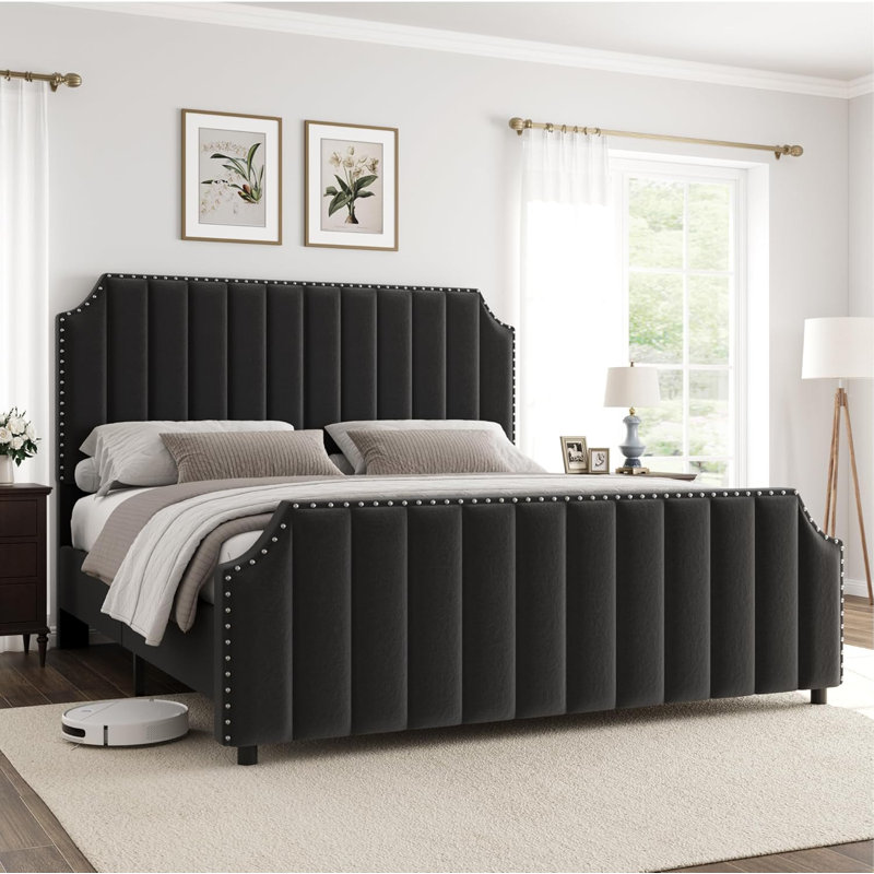 Platform Bed Frame with 50.2" Headboard, Velvet Upholstered Bed Frame with Vertical Channel Tufted Headboard & Footboard, Nailhead Trim, No Box Spring Needed