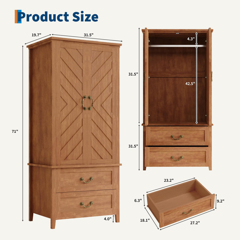 Armoire 71 po, armoire de rangement en bois avec 2 portes, 2 tiroirs et tringle
