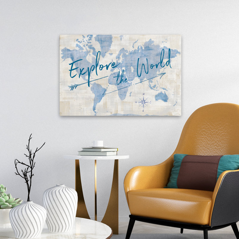 «World Map Collage Explore» contemporain bleu blanc beige Compas, H 24 po x l 16 po