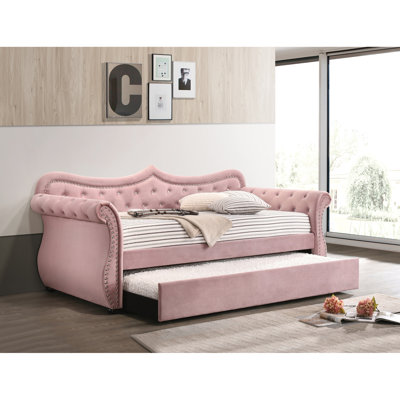 Lit de jour simple et lit gigogne en velours rose - entièrement rembourré, pieds en bois, conception garnie de boutons et têtes de clou, capacité de poids de 330 lb, matelas de 8 po recommandé pour la fabrication des pieds,