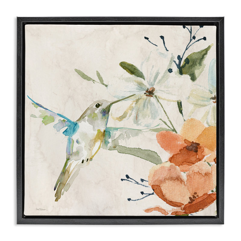«Soft Florals & Hummingbird Floater», art mural sur toile par Carol Robinson, H 18 po x l 18 po, Cadre flottant noir de jais