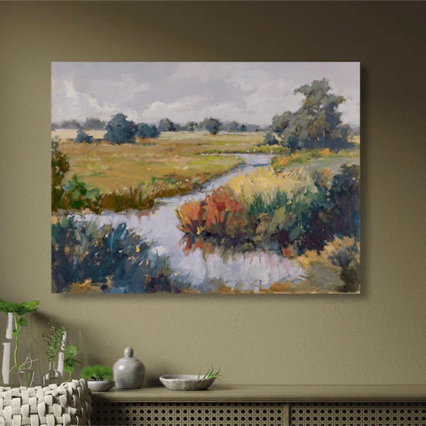 Painting of a grassy field and stream.