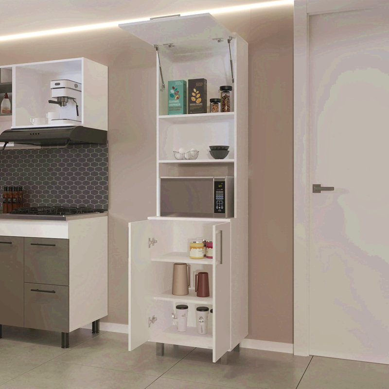 White Kitchen Pantry With 2-Pneumatic Door And Open Storage