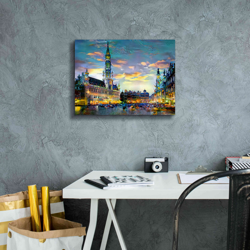 «Brussels Belgium Night» par Pedro Gavidia, art mural sur toile, H 12 po x l 16 po x P 0,75 po