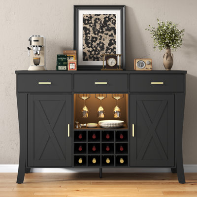 Wine Bar Cabinet With Led Light,farmhous Liquor Cabinet With Wine And Glass Rack,black Coffee Station With Storage Cabinet And 3 Drawers,buffet Sidebo by Wrought Studio