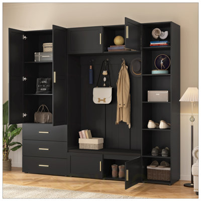 American Style 4-in-1 Hall Tree with Padded Bench, 4 Hooks, and Adjustable Storage Shelves for Entryway Organization