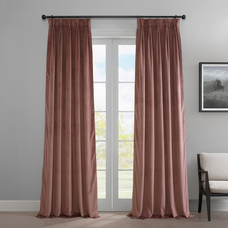 French Pleat Heritage Plush Velvet Room Darkening Single Curtain Panel, Wild Rose, 25" W x 108" L