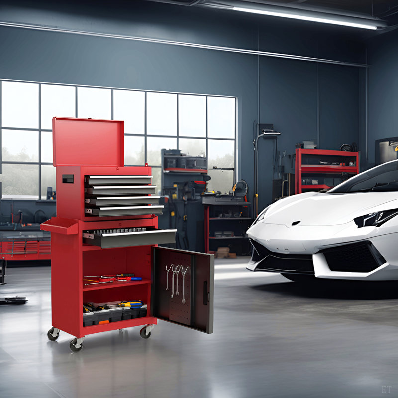 Coffre à outils, armoire de rangement à outils à 5 tiroirs avec plateau à outils amovible, doublure, roues verrouillables universelles, tablette réglable, mécanisme de verrouillage, chariot à outils en métal pour atelier de garage