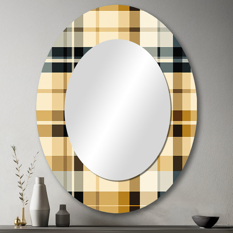 Noir et crème à carreaux sophistiqués - Grand miroir mural ovale sur métal, H 43 po x l 33 po