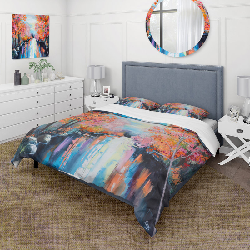 Ensemble de housse de couette Orange Autumn Forest By The River - Lake House - Microfibre polyester