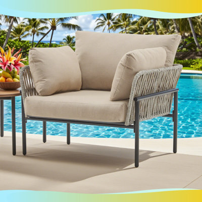 Chaise longue moderne en corde 36 po - Coussins imperméables beiges + structure en fer - Mobilier de patio intérieur / extérieur Boho Chic