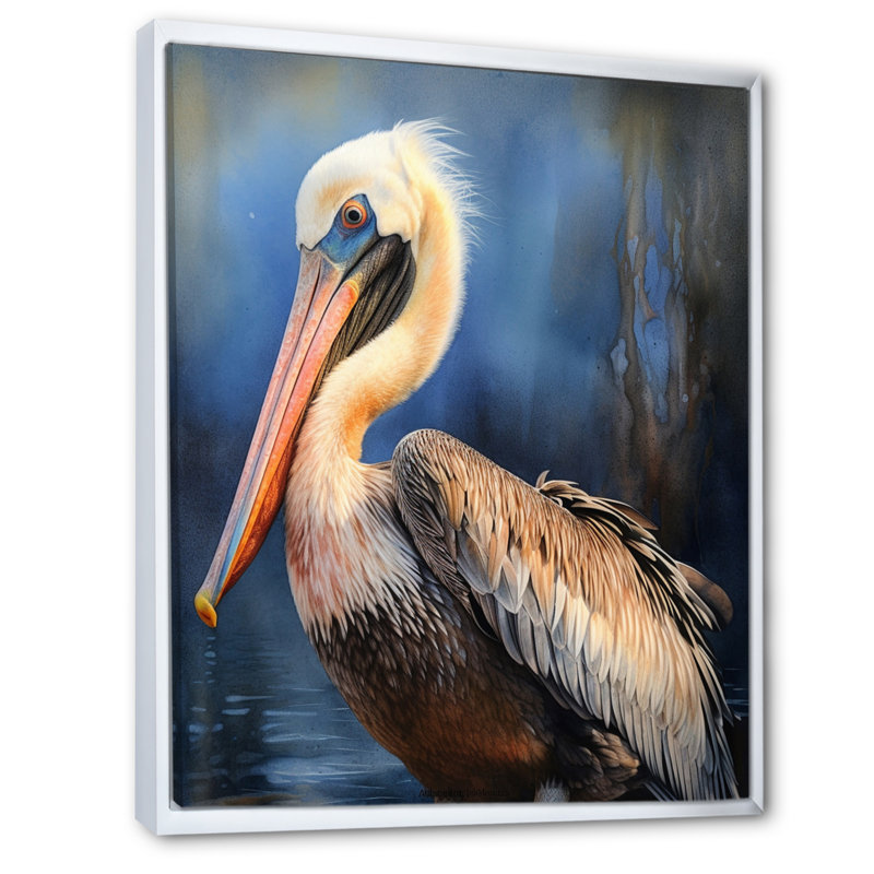 Majestic Pelican II - art mural sur toile Pelican, Cadre flottant blanc, 40" H x 30" W