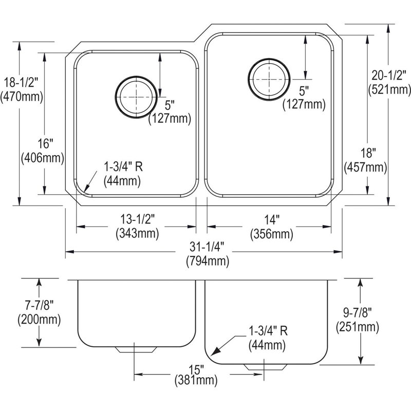 Ensemble d'évier de cuisine à double cuve encastrable L 31,25 po x l 20,5 po Lustertone