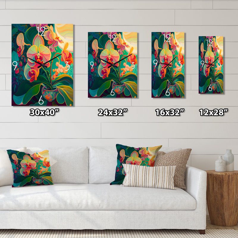 Orchidée en fleurs aux couleurs vives rétro III - Horloge murale moderne, Moyen