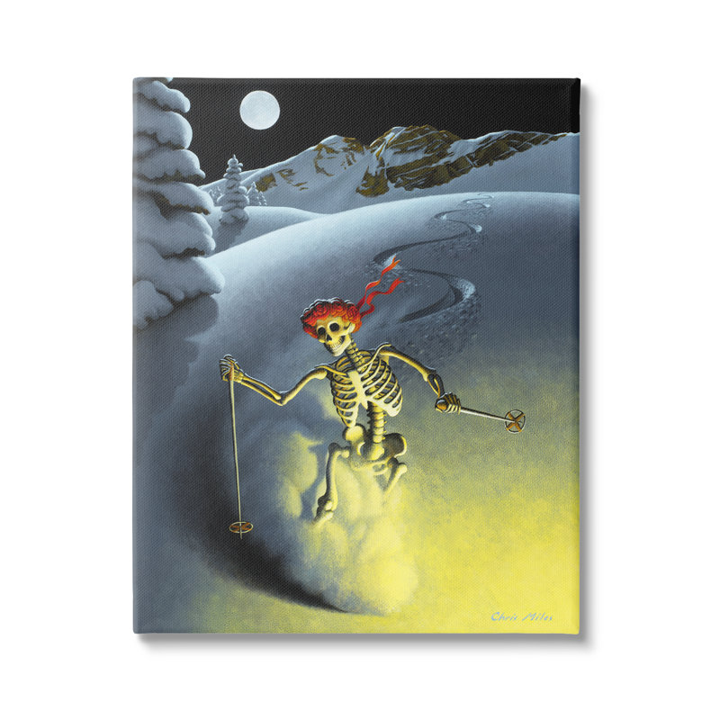 " Nighttime Moon Skiing Skeleton Winter Snow Slope " by Chris Miles, 16" W x 20" H, Wrapped Canvas