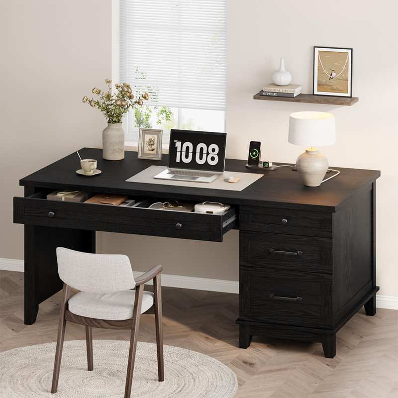 Bureau de direction Farmhouse avec station de charge et ports USB - Bureau d'écriture en bois 53,5 ", Noir