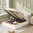Petal Palm Headboard Upholstered Platform Bed with Gas Lift Storage, Queen, White Velvet-2002991245-1953270712