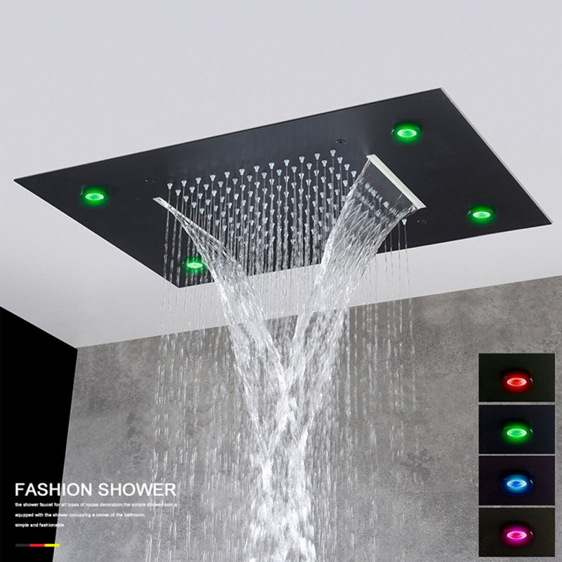 Luxury LED Shower Head Rainfall Waterfall Top Spray High pressure Ceiling Mount, Matte Black